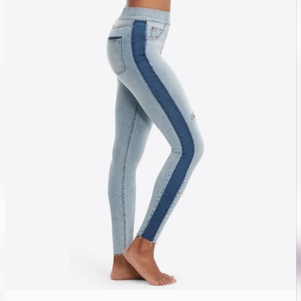 SPANX Distressed High Rise Skinny Jeans Jean with Blue Stripes on Sides Size XL